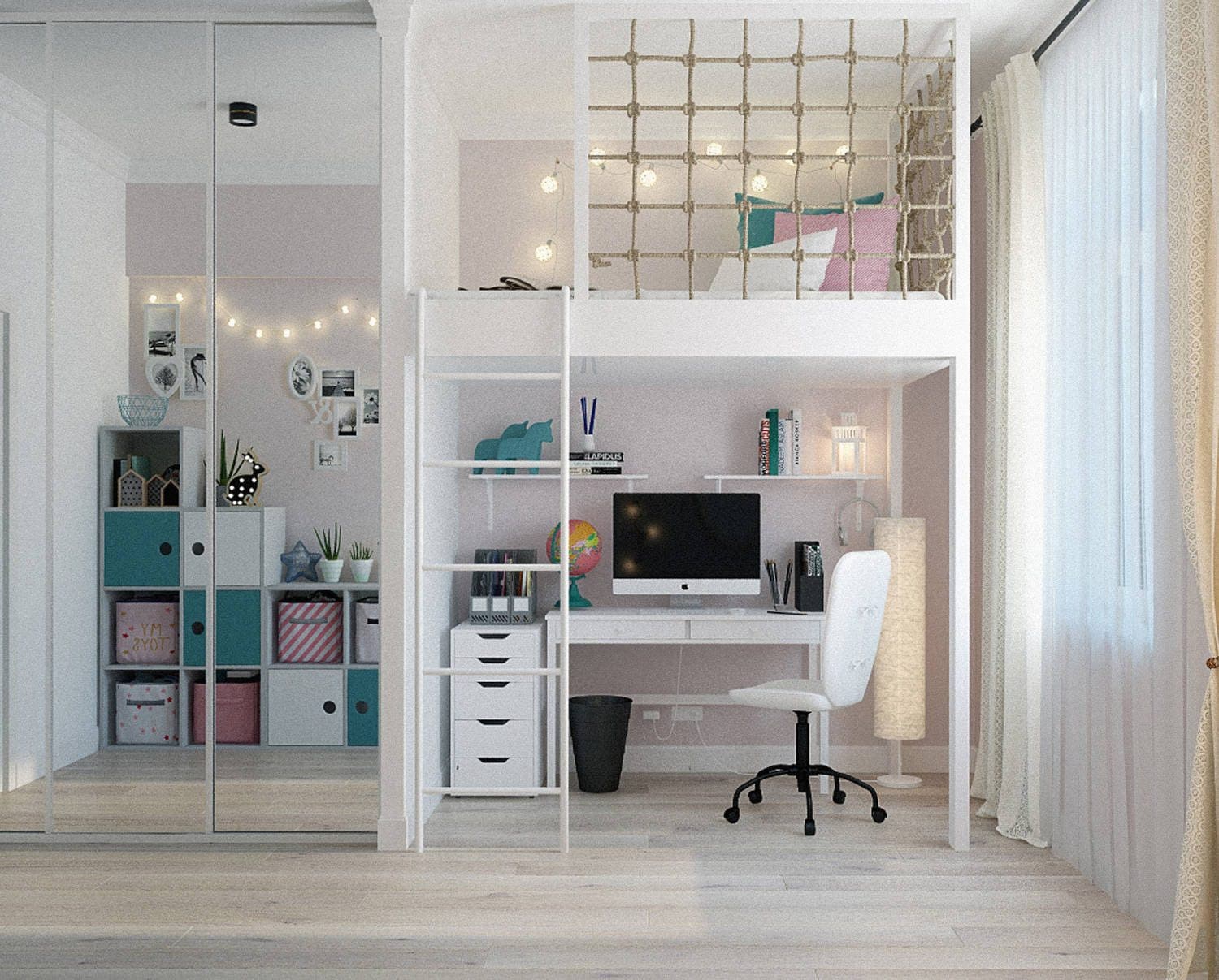 Hochbett mit integriertem Schreibtisch und Spiegelschrank