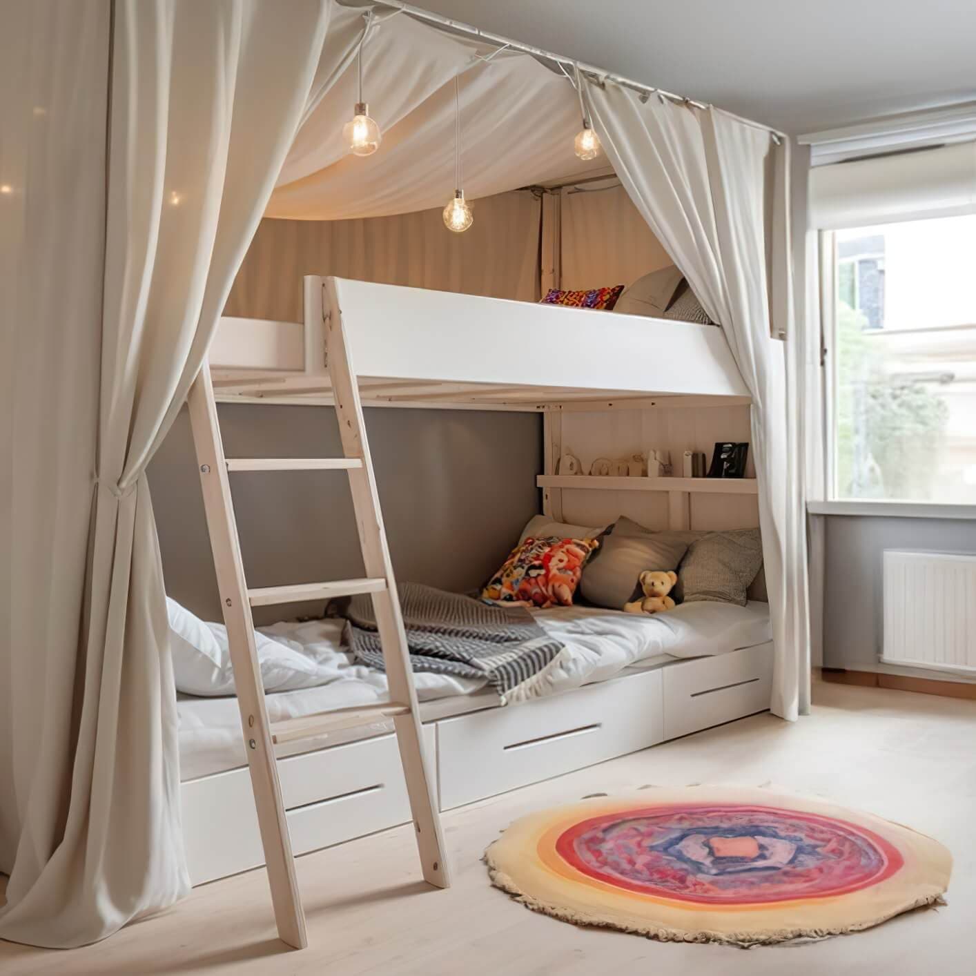 Kinderzimmer mit Etagenbett, Vorhängen und rundem Teppich