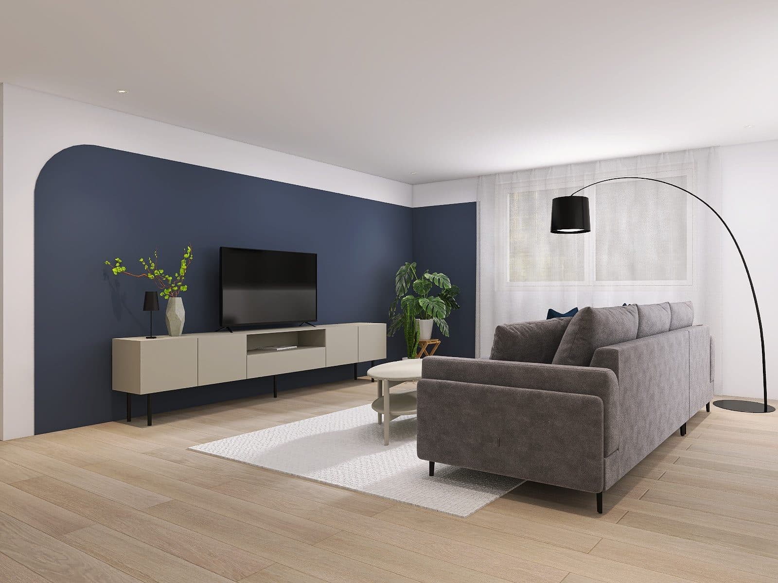 Wohnzimmer-Visualisierung mit blauer Wandnische, Lowboard und grauem Sofa